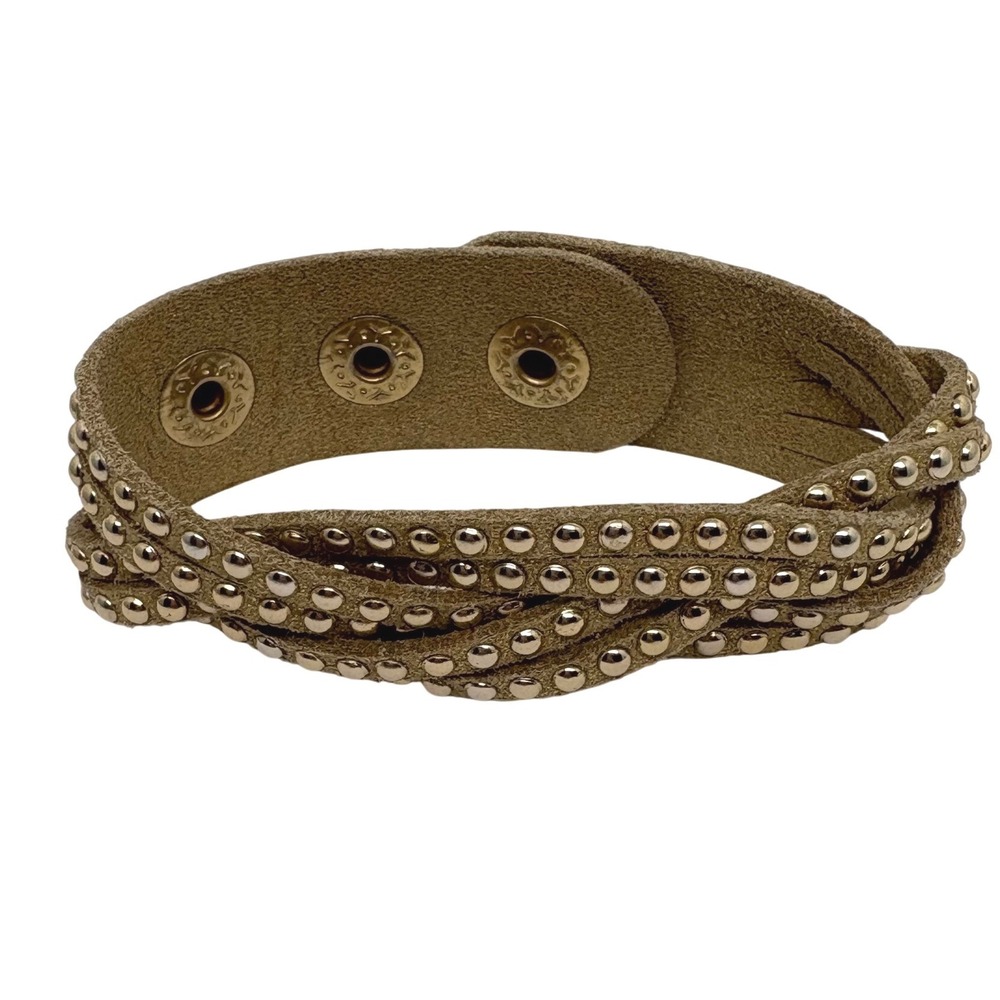 Braided Faux Suede Studded Cuff Bracelet Tan Gold Tone Adjustable Snap Closure